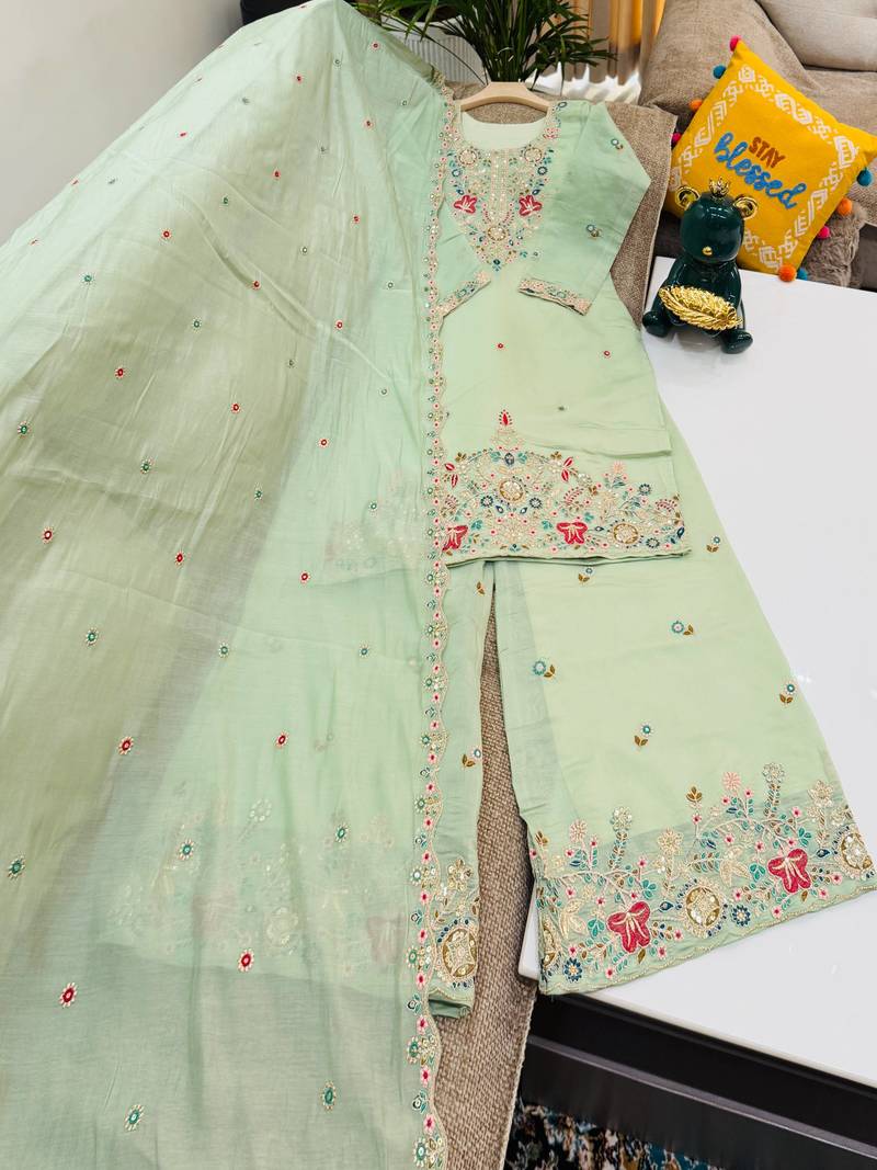 Pista mal chanderi codding embroidery siqunce work kurta sharara with duppta set
