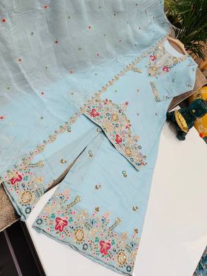 Sky mal chanderi codding embroidery siqunce work kurta sharara with duppta set 3