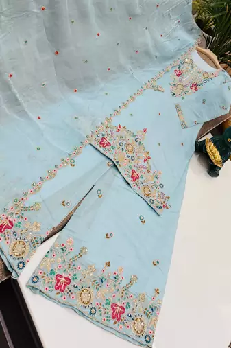 Sky mal chanderi codding embroidery siqunce work kurta sharara with duppta set