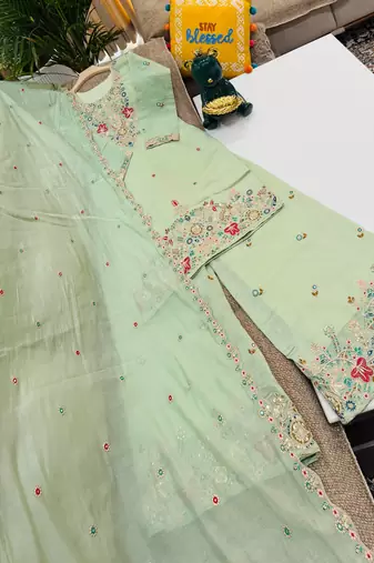 Pista mal chanderi codding embroidery siqunce work kurta sharara with duppta set