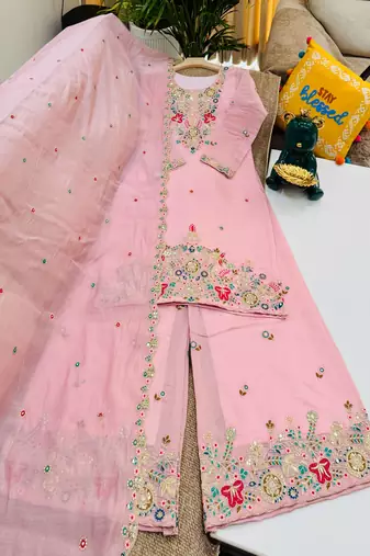 Pink mal chanderi codding embroidery siqunce work kurta sharara with duppta set