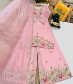 Pink mal chanderi codding embroidery siqunce work kurta sharara with duppta set