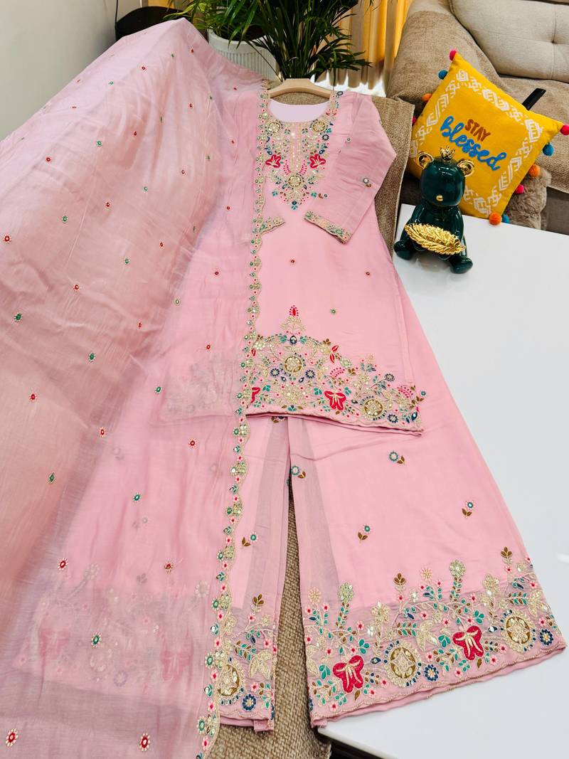 Pink mal chanderi codding embroidery siqunce work kurta sharara with duppta set