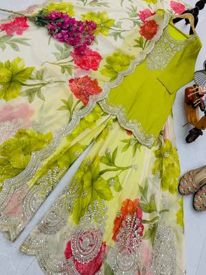 Parrot green designer embroidered top plazzo dupatta set for party and wedding 3