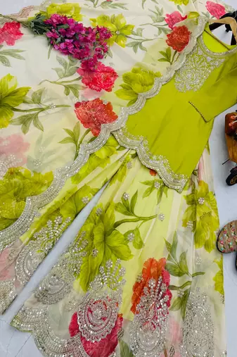 Parrot green designer embroidered top plazzo dupatta set for party and wedding