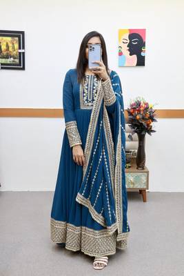 Blue designer embroidered georgette party wear gown and dupatta set 1