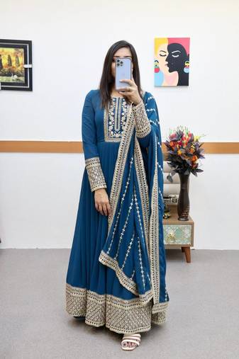 Blue designer embroidered georgette party wear gown and dupatta set
