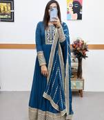 Blue designer embroidered georgette party wear gown and dupatta set