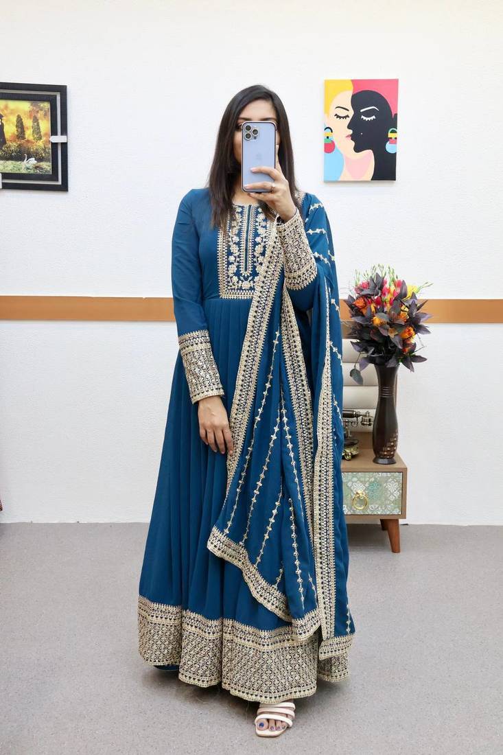 Blue designer embroidered georgette party wear gown and dupatta set