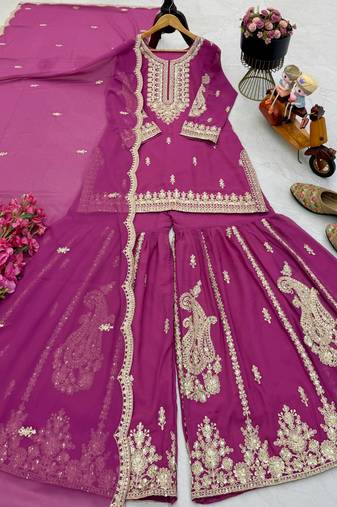 Pink designer embroidered georgette party wear sharara suit and dupatta set