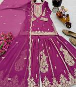 Pink designer embroidered georgette party wear sharara suit and dupatta set