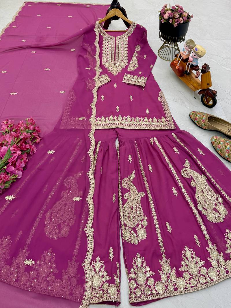 Pink designer embroidered georgette party wear sharara suit and dupatta set