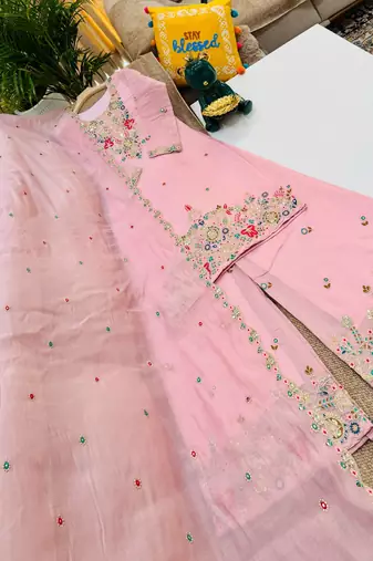 Pink mal chanderi codding embroidery siqunce work kurta sharara with duppta set