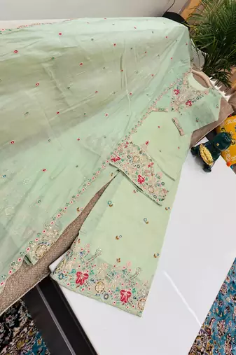 Pista mal chanderi codding embroidery siqunce work kurta sharara with duppta set