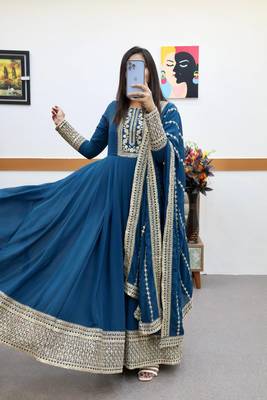Blue designer embroidered georgette party wear gown and dupatta set 2