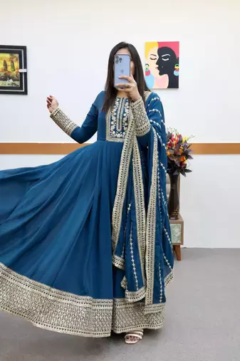 Blue designer embroidered georgette party wear gown and dupatta set