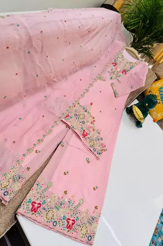 Pink mal chanderi codding embroidery siqunce work kurta sharara with duppta set