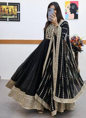 Black designer embroidered georgette party wear gown and dupatta set 1