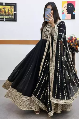 Black designer embroidered georgette party wear gown and dupatta set