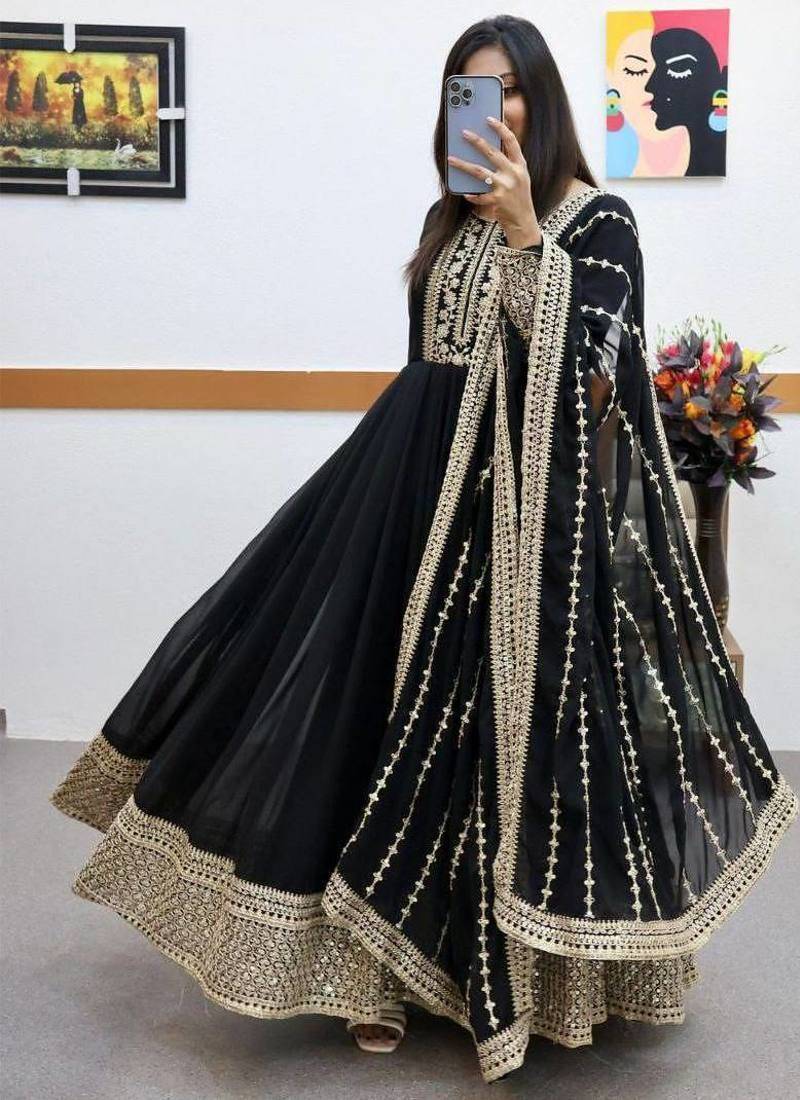 Black designer embroidered georgette party wear gown and dupatta set