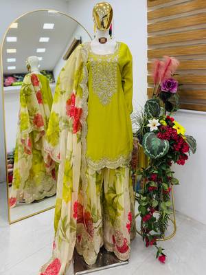 Parrot green designer embroidered top plazzo dupatta set for party and wedding 4