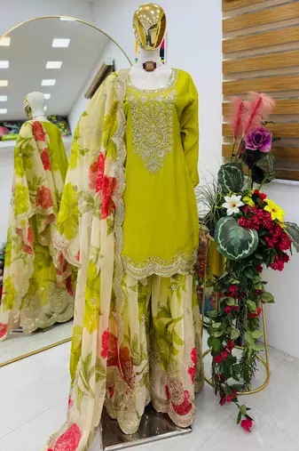 Parrot green designer embroidered top plazzo dupatta set for party and wedding