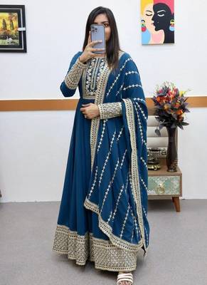 Blue designer embroidered georgette party wear gown and dupatta set 3
