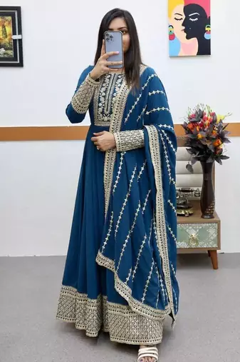 Blue designer embroidered georgette party wear gown and dupatta set