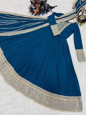 Blue designer embroidered georgette party wear gown and dupatta set 4