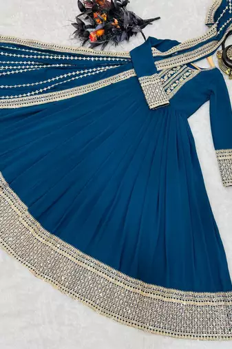 Blue designer embroidered georgette party wear gown and dupatta set