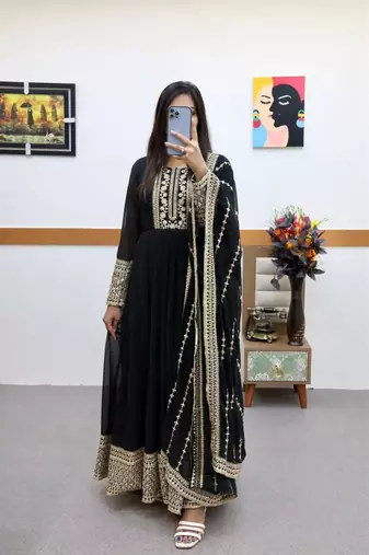Black designer embroidered georgette party wear gown and dupatta set