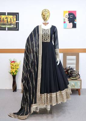Black designer embroidered georgette party wear gown and dupatta set 3