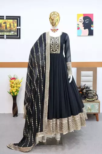 Black designer embroidered georgette party wear gown and dupatta set