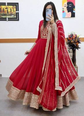 Red designer embroidered georgette party wear gown and dupatta set 1