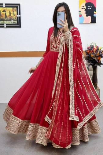 Red designer embroidered georgette party wear gown and dupatta set
