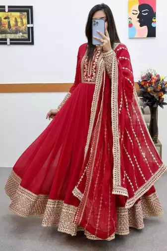 Red designer embroidered georgette party wear gown and dupatta set