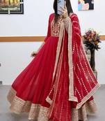 Red designer embroidered georgette party wear gown and dupatta set