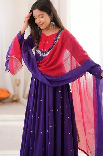 Premium jambli heavy neck embroidery anarkali suit set with dupatta & pant