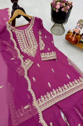 Pink designer embroidered georgette party wear sharara suit and dupatta set