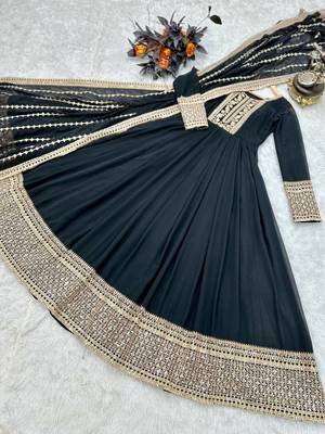 Black designer embroidered georgette party wear gown and dupatta set 4