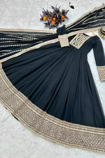Black designer embroidered georgette party wear gown and dupatta set