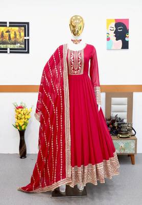 Red designer embroidered georgette party wear gown and dupatta set 2