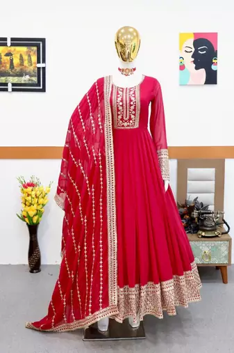 Red designer embroidered georgette party wear gown and dupatta set