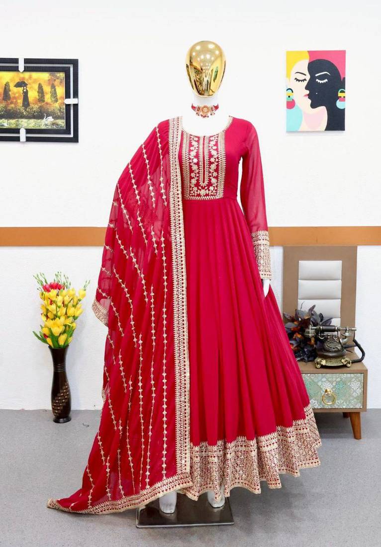 Red designer embroidered georgette party wear gown and dupatta set