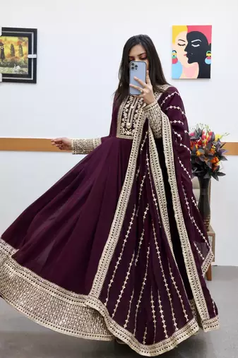 Wine designer embroidered georgette party wear gown and dupatta set