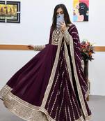 Wine designer embroidered georgette party wear gown and dupatta set