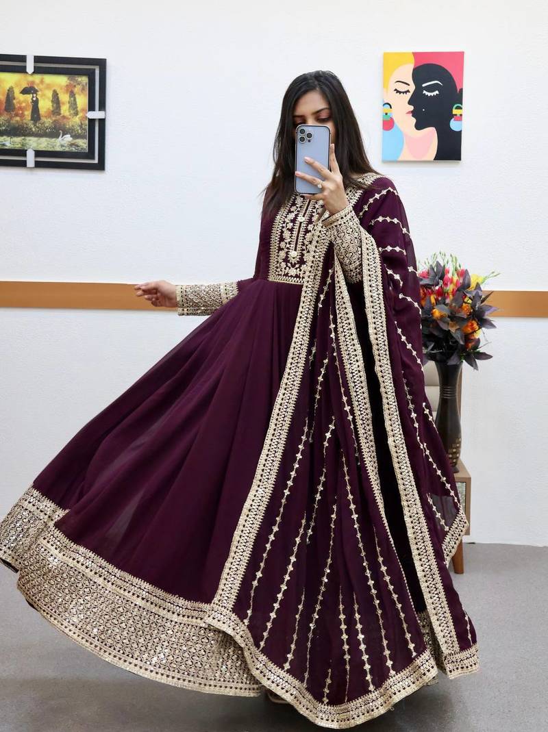Wine designer embroidered georgette party wear gown and dupatta set