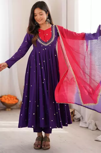 Premium jambli heavy neck embroidery anarkali suit set with dupatta & pant