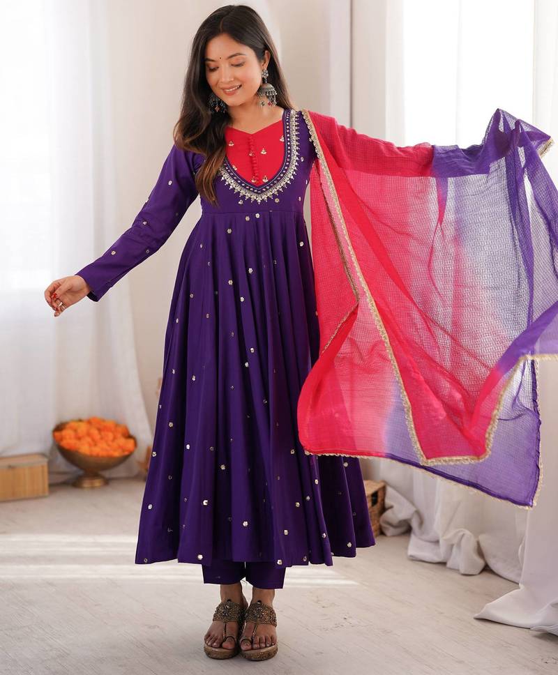 Premium jambli heavy neck embroidery anarkali suit set with dupatta & pant