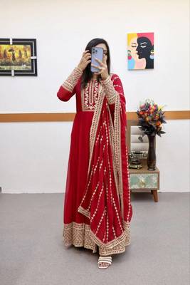 Red designer embroidered georgette party wear gown and dupatta set 3